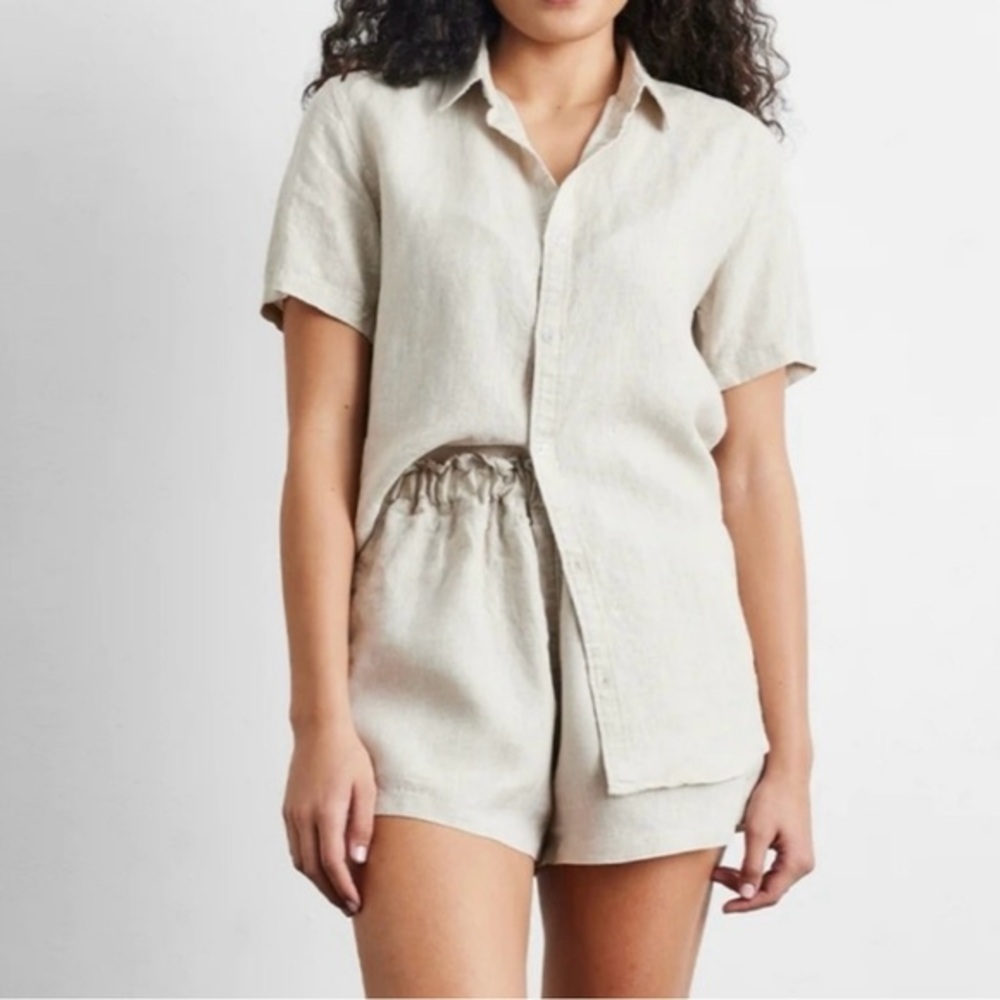C&C California Linen Paperbag Waist Shorts Small Cream Elastic Waist